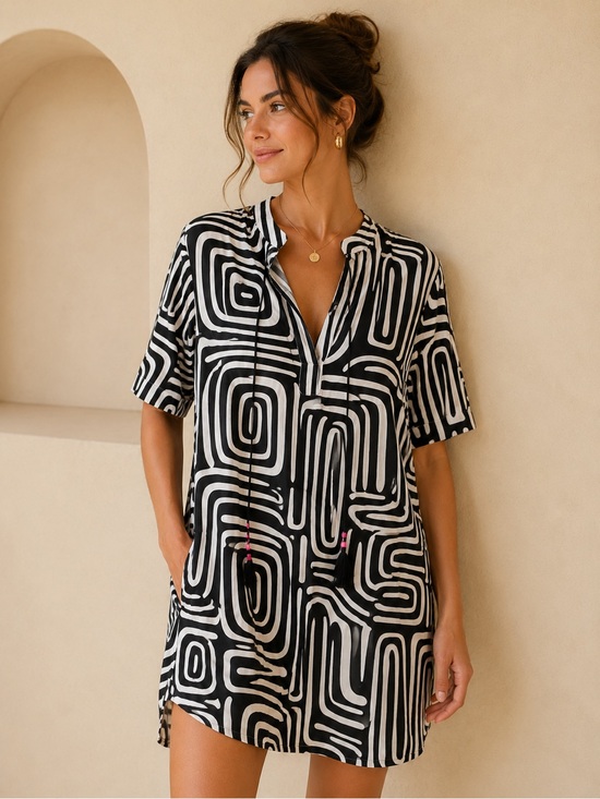 Uncle Frank Dresses & Skirts - Uncle Frank Black and White Abstract Print Boho Tunic Linen Blend Shift Dress